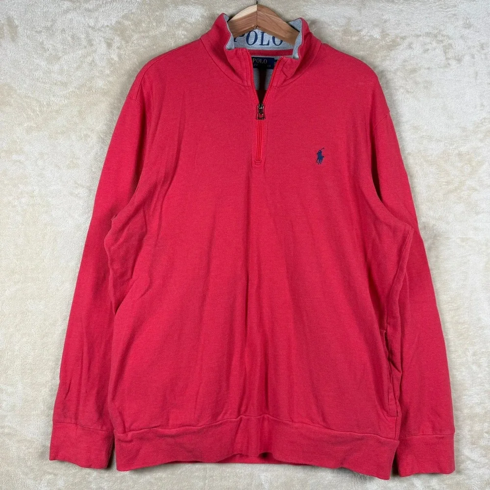 Polo Ralph Lauren Red Long Sleeve 1/4 Zip Pullover Blue Pony Casual Layering XL‎